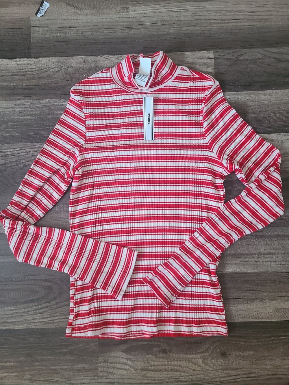 PINK Victoria's Secret Red & White Striped Mock Neck Long Sleeve Top - Womens